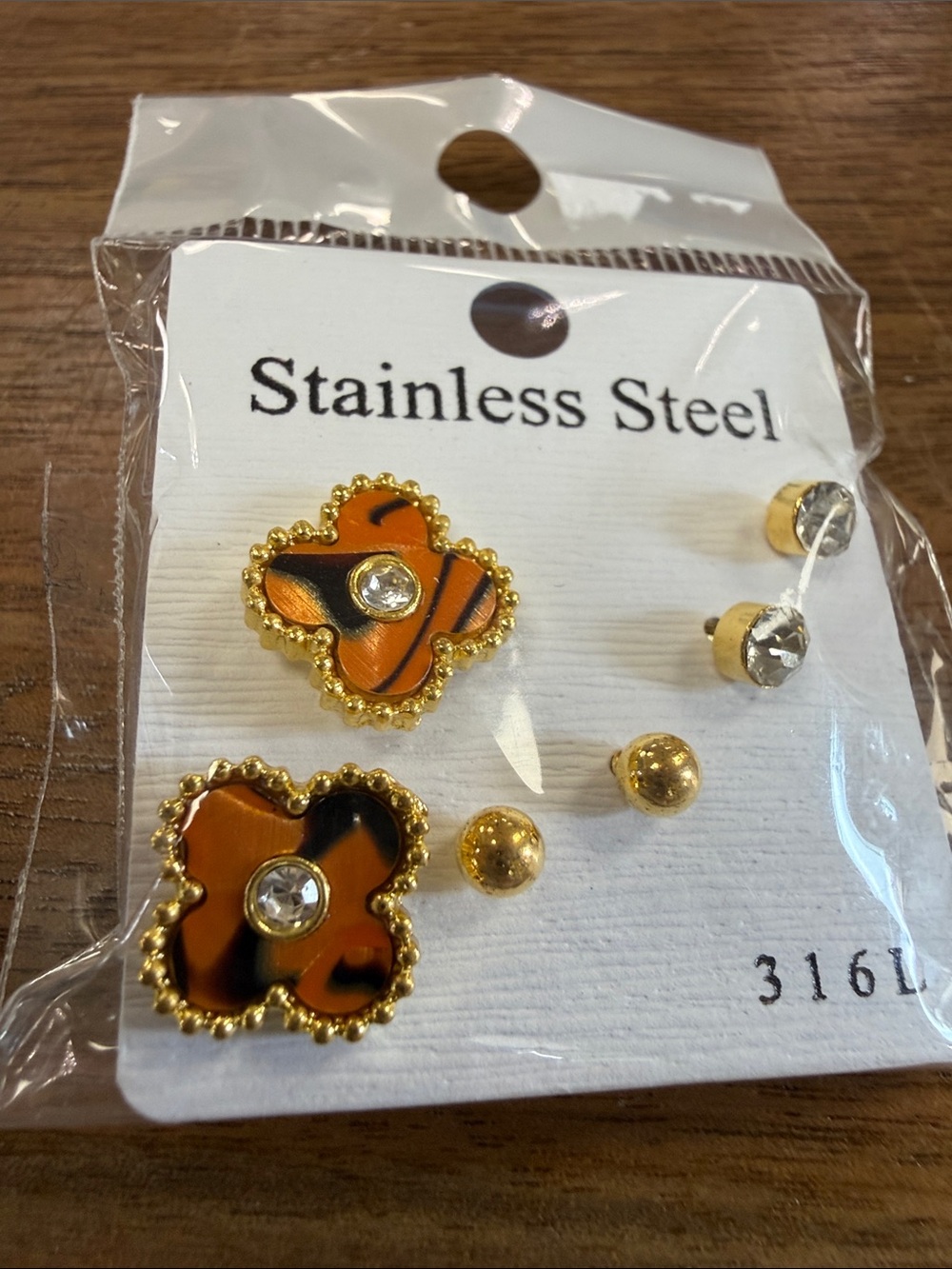 Gold and Orange Floral Stainless Steel Earring Set